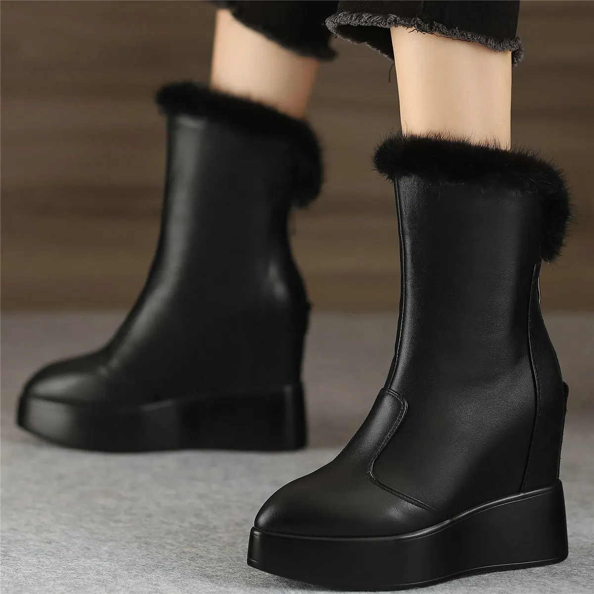 Winter Warm Fur Platform Pumps Shoes Women Genuine Leather Wedges High Heel Snow Boots Pointed Toe Chunky Sneakers Casual Shoes - Image 4