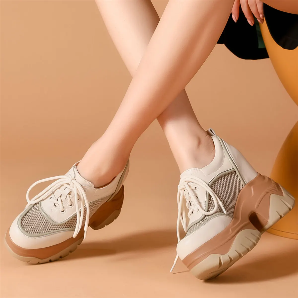 Summer Platform Pumps Shoes Women Lace Up Genuine Leather Wedges High Heel Ankle Boots Round Toe Chunky Sneakers Casual Shoes - Image 5