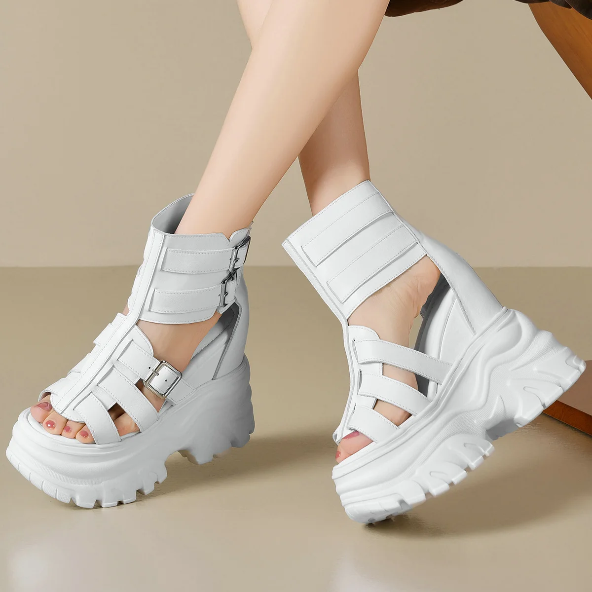 Platform Pumps Thick Soled Shoes Women Black White Genuine Leather Wedges High Heel Gladiator Sandals Open Toe Chunky Sneakers - Image 2