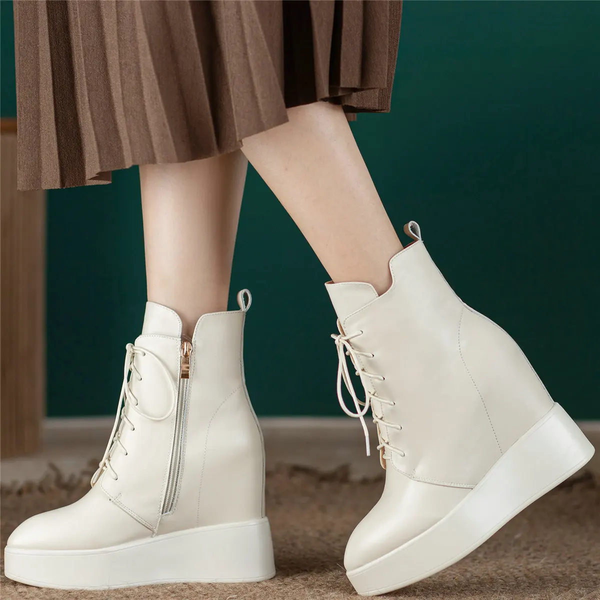 Platform Pumps Women Lace Up Genuine Leather Wedges High Heel Snow Boots Winter Pointed Toe Chunky Sneakers Vulcanized Shoes - Image 5