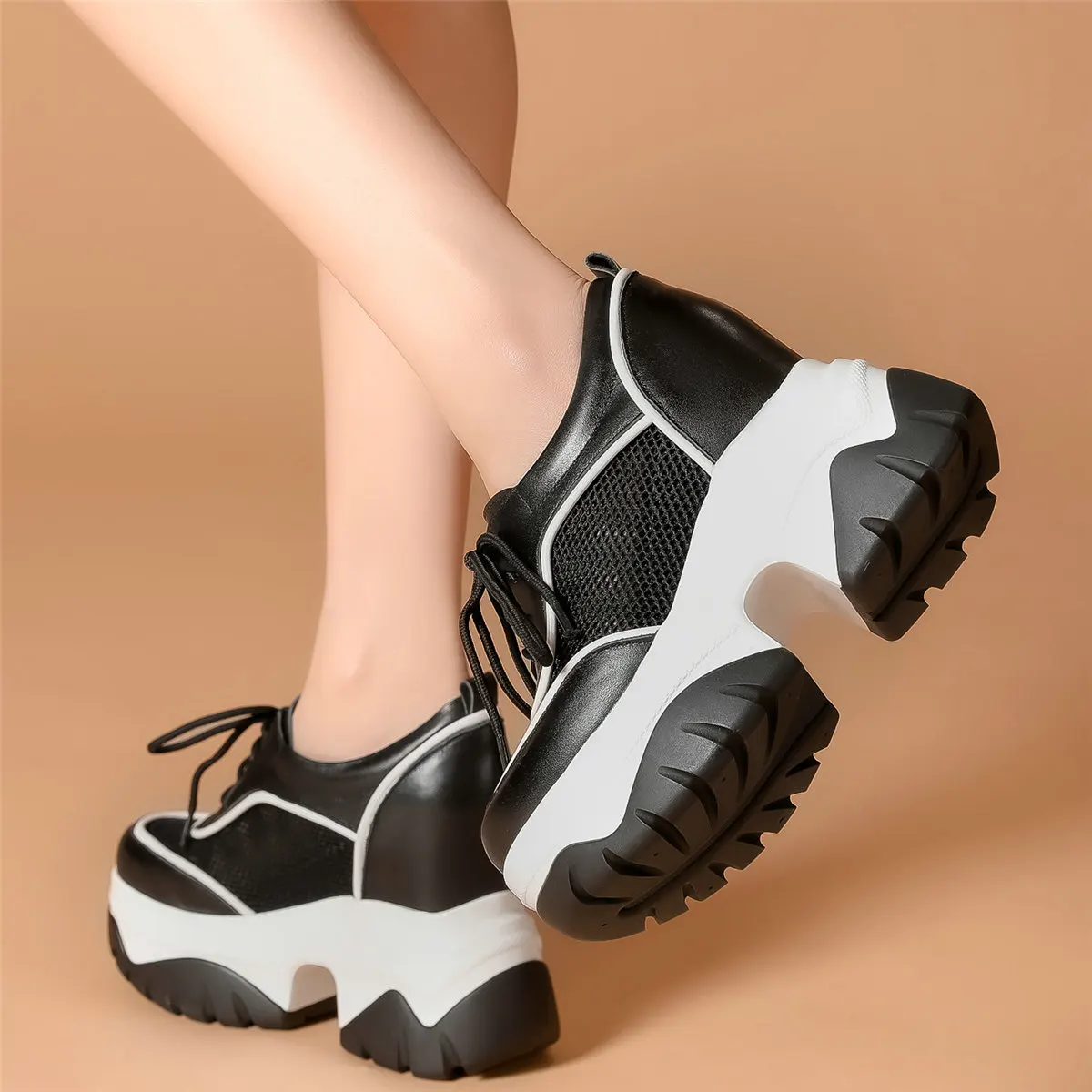 Summer Platform Pumps Shoes Women Lace Up Genuine Leather Wedges High Heel Ankle Boots Round Toe Chunky Sneakers Casual Shoes - Image 3